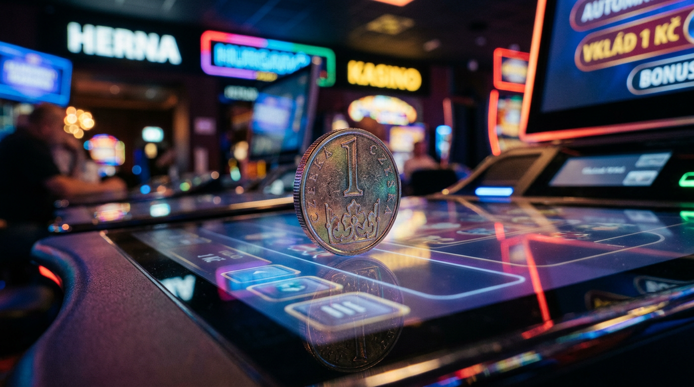 Detailní záběr na minci 1 Kč položenou na panelu moderního automatu v online casinu.