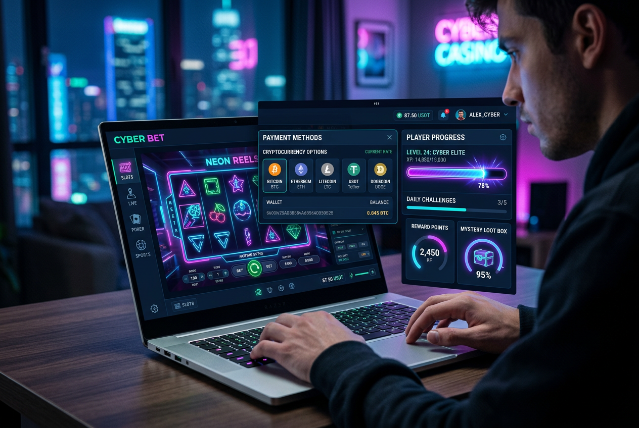 Moderní futuristické rozhraní online casina s krypto platbami