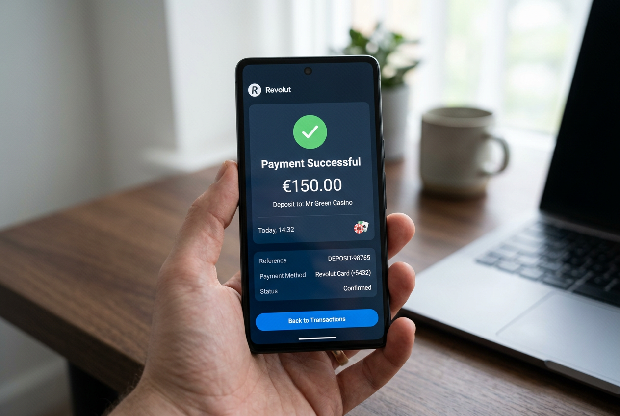 Mobilní aplikace Revolut zobrazující potvrzení transakce pro online kasino