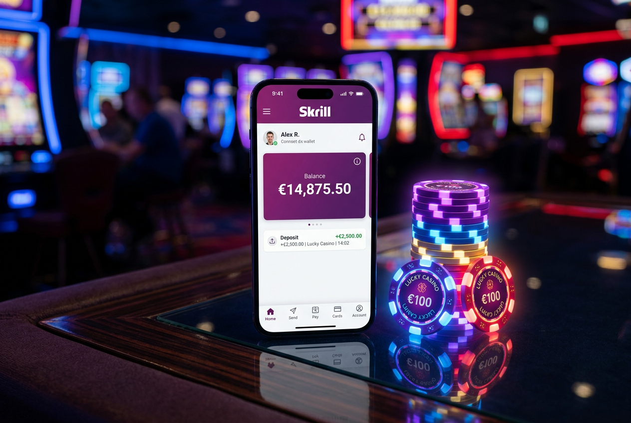 Moderní digitální peněženka Skrill na smartphonu vedle herních žetonů v neonovém prostředí